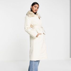Fashion Union puffer coat with faux-fur trim and belt